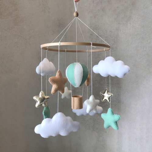 Baby mobile neutral sage green nursery decor hot air balloon crib mobile boy girl adventures baby shower gift