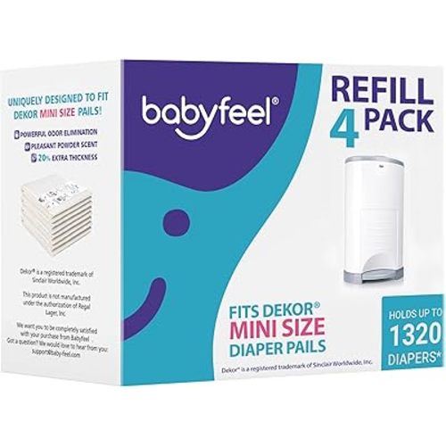 Babyfeel Refills Compatible with DEKOR MINI Diaper Pails | 4 Pack | Exclusive 20% Extra Thickness | Diaper Pail Refills with Powerful Odor Elimination | Powder Scent | Holds up to 1320 Diapers
