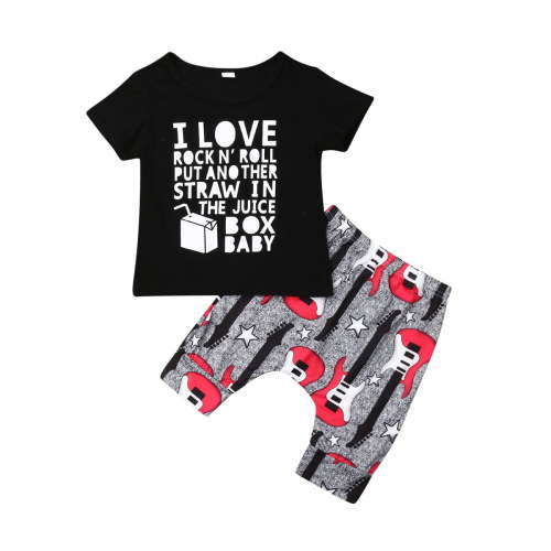Baby Boy Clothes I Love Rock N' Roll Letter Print Short Sleeve Shirt Top+Guitar Pants 2PC Summer Outfit Set