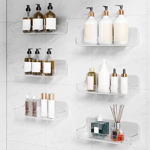 6pk Acrylic Bathroom Shelves, Clear Adhesive Stick on Shelf with 12pk Adhesive
