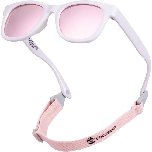 COCOSAND Flexible Polarized Baby Sunglasses with Strap Soft Silicone Nose Pad UV Protection for Toddler Infant Kids Girl Age 0-24 Months, Pinky White