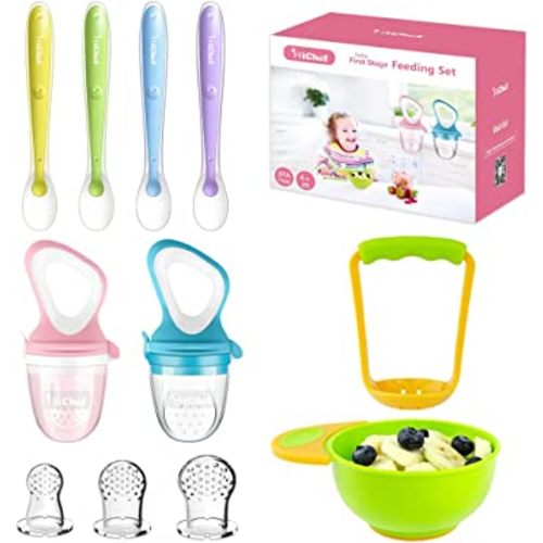 Food Feeder Baby Fresh Fruit Feeder (2 Pack) with 3 Different Sized Silicone Pacifiers, Mash and Serve Bowl with 4 Soft-Tip Silicone Baby Spoons, Perfect Baby First Stage Feeding Set by MICHEF