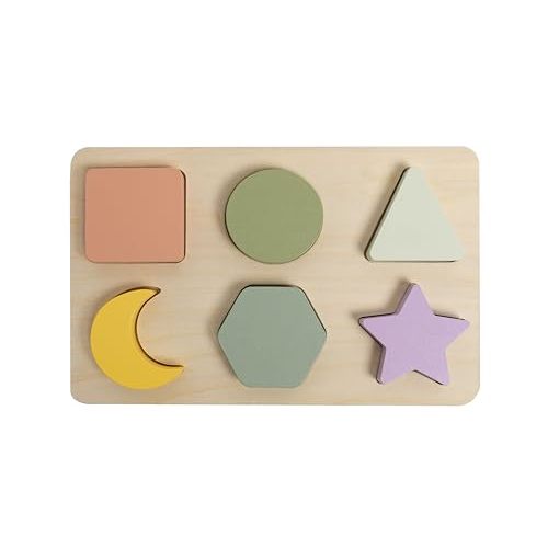 Pearhead Wooden Shapes Puzzle, Interactive Learning Games, Learn Colors and Shapes, Early Developmental Baby and Toddler Montessori Puzzle, 6 Shapes Included, 1+ Year, FSC Certified