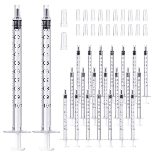JOLLY PARTY 20 Pack 1ml Syringes with Caps, 1cc Syringe without Needle, Small Oral Syringe with Tip Cap Individually Wrapped for Scientific Labs, Liquid Measuring, Pet Feeding, Oil & Glue Dispenser