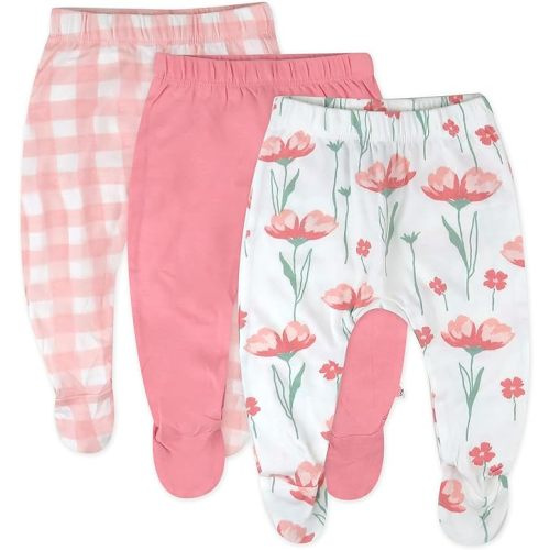 HonestBaby 3-Pack Footed Pants Roomy Fit Pull on Bottoms 100% Organic Cotton for Infant - Newborn - Strawberry Pink Floral