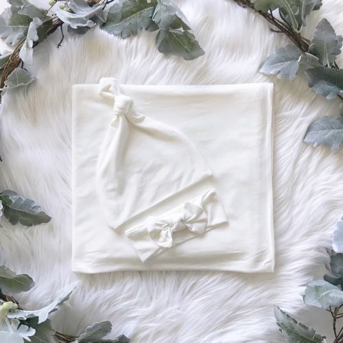 Milky White Newborn Swaddle Set - Baby Girl/Boy White Swaddle/Hat/Bow Set - Milk White Take Home Set - White Swaddle Set - Fresh48