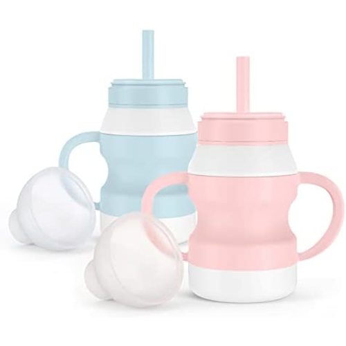 Straw Cups Sippy Cups for Babies and Toddlers,Silicone Trainer Cups with Lids,Kids & Toddler Cups with Handles,Spill-Proof and Non-Slip Sippy Cups,Food Grade Silicone(Blue&Pink)