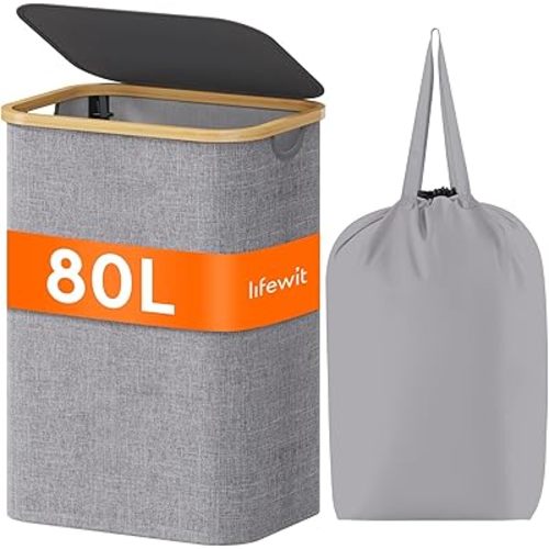 Lifewit 80L Laundry Basket with Lid, Clothes Hampers for Laundry with Bamboo Handles and A Removable Laundry Bag, Large Foldable Laundry Hamper for Bedroom, Bathroom, Dorm, Laundry Room, Light Gray