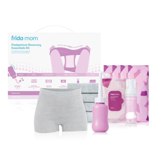 Frida Mom 11pc Postpartum Essentials Kit Gift Set, Hospital Bag Must Haves for New Mom, Includes 4 Disposable Postpartum Underwear, 4 Ice Maxi Pads, Perineal Healing Foam & 24 Pad Liners & Peri Bottle
