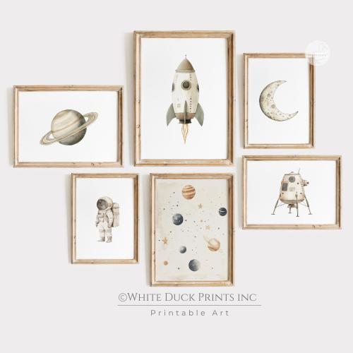Outer Space Nursery Prints Set of 6, Playroom Space Poster Neutral Rocket Astronaut Moon Saturn Moon Lander Solar System Wall Art Printables