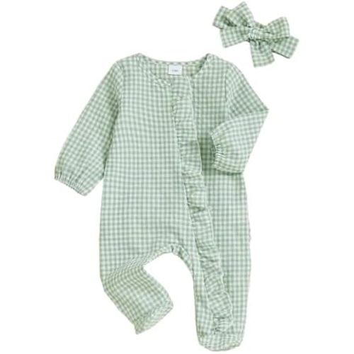 Newborn Baby Girl Outfits Bow/Plaid Print Footed Jumpsuit Ruffle Zipper Romper Cute Fall Baby Coming Home Outfit