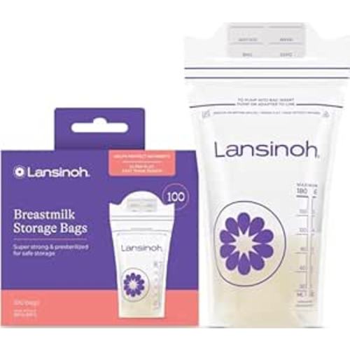 Lansinoh Breastmilk Storage Bags, 100 Count, Baby Essentials, Fast Freeze & Thaw Breast Milk Bags for Baby Bottle Feeding, Strength & Stretch, 6 Ounce