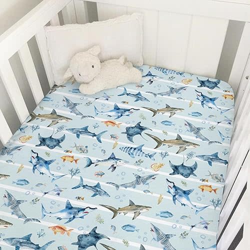 Blue Sharks Baby Crib Sheets 52''x28'' Sea Animals Sharks Stripes Snug Fitted Crib Mattress Cover for Boy Girl Ocean Fishes Corals Nautical Life Baby Bed Sheet for Standard Crib and Toddler Mattress