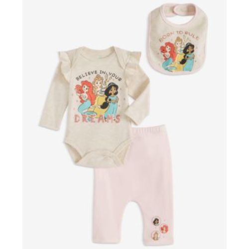 Baby Girls Princesses Bib, Bodysuit & Pants, 3 Piece Set