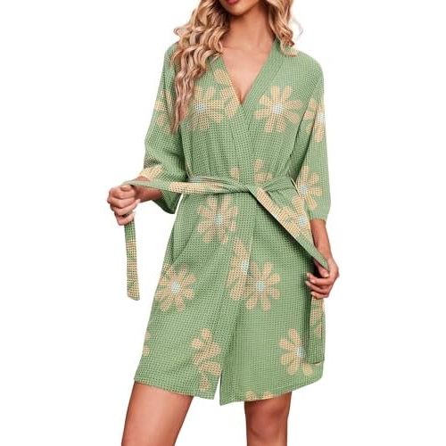 Ekouaer Robes for Women Waffle Knit Bathrobe Soft Lightweight Knee Length Loungewear S-XXL