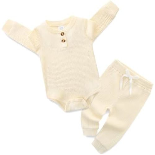 Unisex Baby Outfits Long Sleeve Onesie Snug Ribbed Cotton Bodysuit Infant Solid Tops Pants 2PCS
