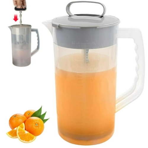 1 Pack Mixing Pitcher for Drinks 2 Quart/ 64oz Plastic Water Pitcher with Lid,Easy-Mix Juice Container,Angled Plastic Blades and Adjustable Mixer Plunger for Juice, Tea, Beverage Container