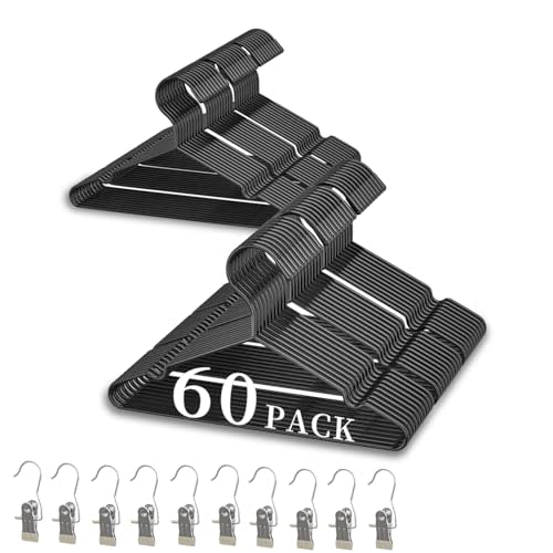 60Pack+10 Clips Kids Baby Luxurious Hanger Set ,Heavy Duty Matte Black Metal Kids Baby Hangers Withstands 25 lbs