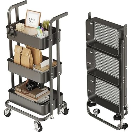 DTK Mini 3 Tier Foldable Rolling Cart, Metal Utility Cart with Lockable Wheels, Folding Storage Trolley for Living Room, Kitchen, Bathroom, Bedroom and Office, Black-Small