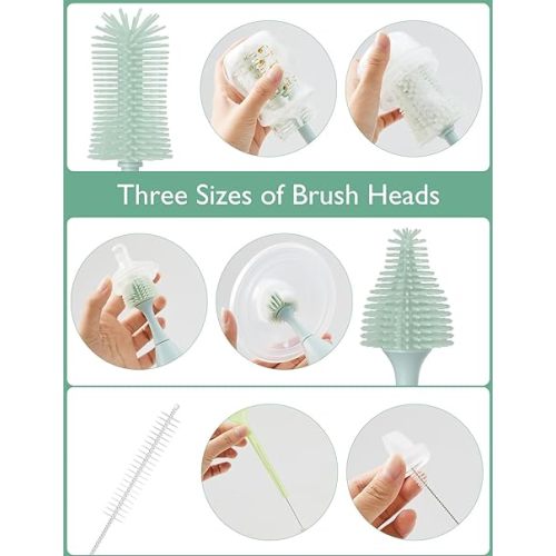 Momcozy Bottle Brush Kit, Innovative Push-Press Design for Better Cleaning - Baby Bottle Cleaner Brush for Baby Bottle, Breast Pumps, Nipples, and More - Can Generate Foam for Better Cleaning, Green
