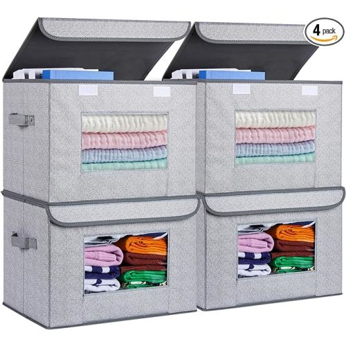 Univivi Fabric Foldable Storage Boxes [4-Pack] Large Collapsible Stackable Storage Bins with Lids, Closet Organizers and Storage Cube Basket for Home, Office, Bedroom (Gray, 17“ x 12” x 12")
