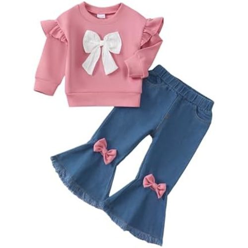 Renotemy Toddler Girl Clothes Baby Girl Winter Outfits Infant Clothing Ruffle Top Denim Pant Jeans Set Cute Clothes For Girl