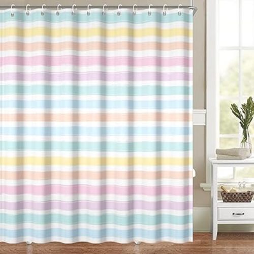 Rainbow Striped Shower Curtain for Bathroom Blue and Pink Cute Stripe Bathtub Curtains Modern Abstract Minimalist Bathroom Decor Set Machine Washable Waterproof Polyester Fabric with Hooks 72x84 Inch