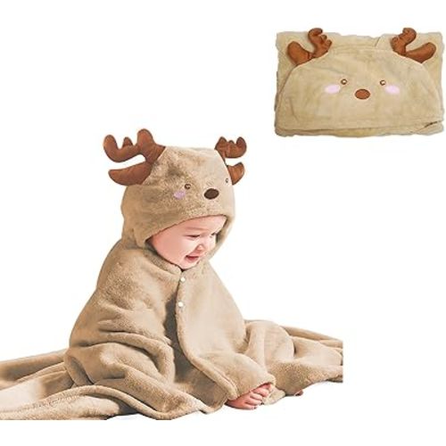 Toddler Bath Towel Baby Towels with Hood 27.5"X55" Ultra Absorbent Soft Bathrobe Blanket Kids Shower Towel for Girls and Boys(Beige Deer)