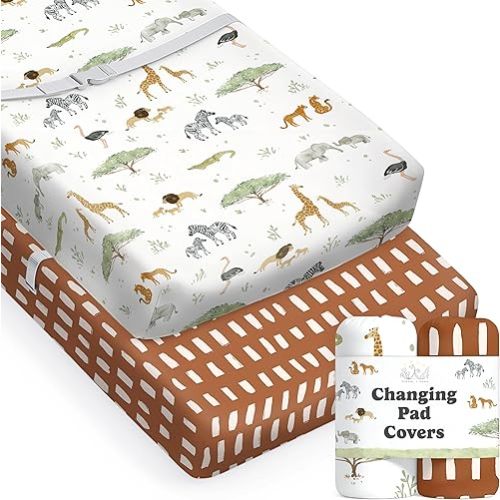 Baby Changing Pad Cover 2-Pack for Boys, Girls (Safari Adventure) - Premium Fitted Sheets Baby Diaper Changing Table Cover - Buttery Soft Cotton Blend