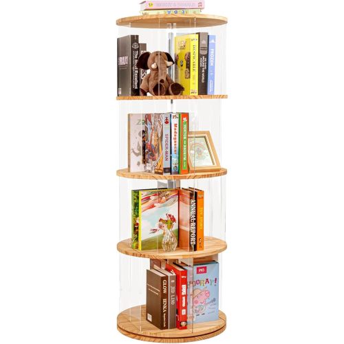Rotating Bookshelf, 360 Degree Revolving Bookcase, 4-Tier Spinning Bookshelf, Clear Acrylic & Solid Wood Rotating Bookcase for Kid’s Playroom, Bedroom and Living Room, Round