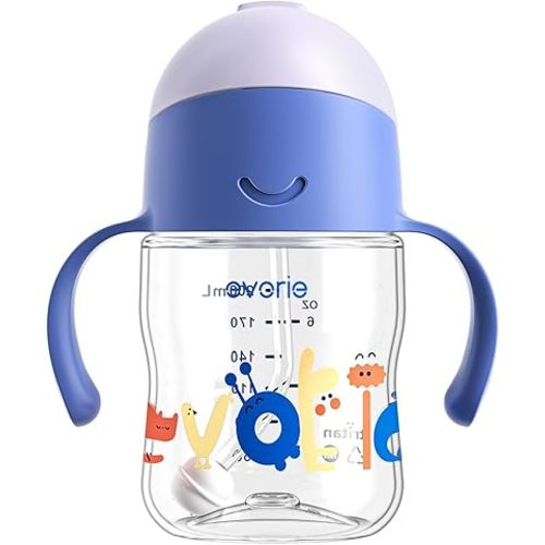 Evorie Tritan Weighted Straw Sippy Cup with Handles for Baby and Toddlers 6 months up, 7 Oz Soft Silicone Straw Infant First Training Water Bottle (Bumble bee)