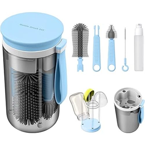 Travel Baby Bottle Brush Set with Durable Silicone Bottle Brush,Nipple Brush,Portable Baby Bottle Drying Rack,Straw Cleaner Brush,Baby Bottle Soap Dispenser,New Born Essentials for Baby