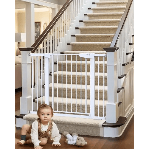 Mom's Choice Awards Winner-Cumbor 29.7-46" Baby Gate for Stairs, Auto Close Dog Gate for the House, Easy Install Pressure Mounted Pet Gates for Doorways, Easy Walk Thru Wide Safety Gate for Dog, White