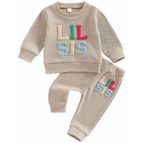 VISGOGO Baby Girl Clothes Lil Sis Big Sis Matching Outfit Long Sleeve Sweatshirt Top 2Pcs Fall Winter Pant Sets