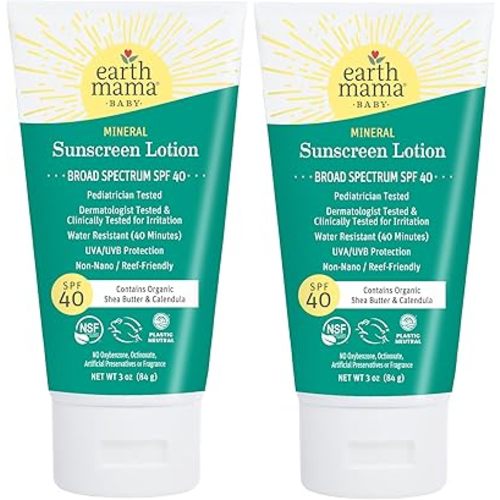 Earth Mama Baby Mineral Sunscreen Lotion SPF 40 | Reef Safe, Non-Nano Zinc, Natural Water Resistant Sun Cream for Babies, Kids & Adults, 3-Ounce (2-Pack)