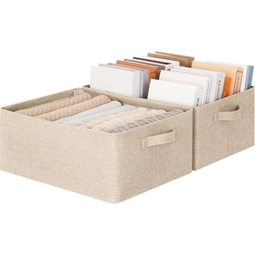 GRANNY SAYS Storage Baskets with Metal Frame, Closet Organizer Bins, Decorative Clothes Storage Bin, Foldable, Sturdy, for Organizing Living Room, Bedroom, Blankets, Books Storage, Light Taupe, 2-Pack