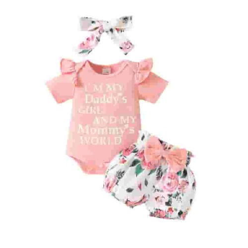 Toddler Girl Outfit Summer Short Sleeve Daddy Mama Saying Romper Floral Shorts Headband Girl Clothes Pink 0 months-3 months