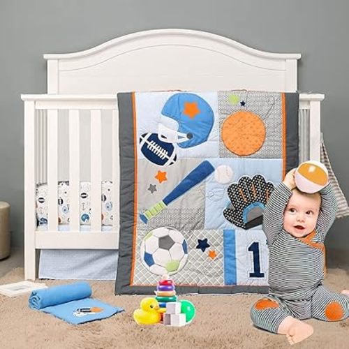 Brandream Sport Baby Crib Bedding Sets - No.1 Champ Ball Theme Boys Nursery Set | 3-Piece Nursery Set | Baby Quilt, Fitted Crib Sheet, Dust Ruffled Included - Blue & Grey