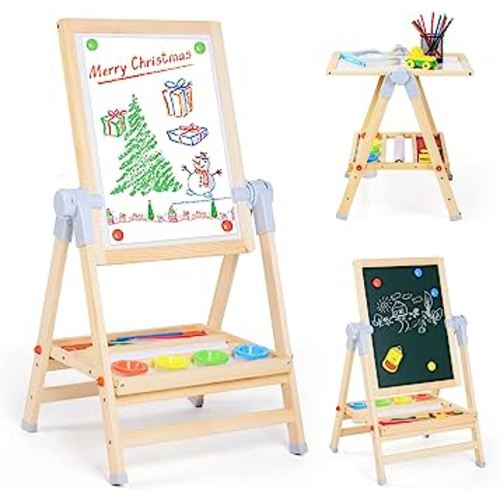 XCSOURCE Art Easel for Kids, 360°Rotating Adjustable Toddler Easel, Double Sided Wooden Kids Easel Drawing Board with Magnetic Chalkboard, Dry Erase White Board & Paper Roll Paint Art Set for Kids 2+