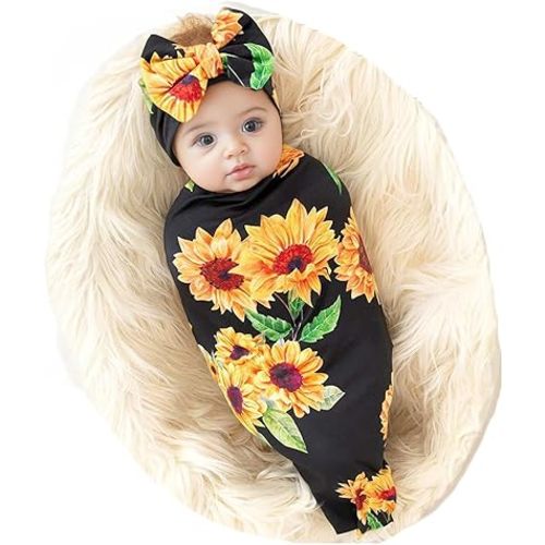 Galabloomer Newborn Sunflower Receiving Blanket Headband Set Baby Flower Rose Swaddle With Big Bow