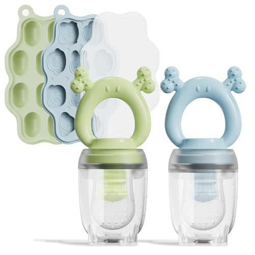 Silicone Baby Fruit Feeder with Freezer Tray (2 Pack),Baby Teethers,Baby Teething Toy,Breastmilk Popsicle Molds for Baby Teething Relief,Fresh Food Feeder for Safe Infant Self Feeding (Blue & Green)
