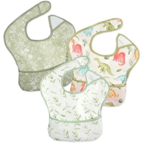 3-Pack Mess Proof Baby Bibs for Eating,Lightweight | Waterproof Toddler Bibs with Catch-All Pocket | Wipeable Feeding Bibs for Girls | Machine Washable
