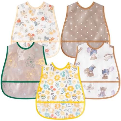 R HORSE 5Pcs Baby Bibs Set Toddler Bibs with Crumb Catcher Pocket & Snap Button Waterproof Baby Feeding Bibs for 6-24 Months