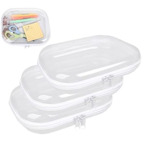 Clear Hard Shell Zipper Case,3PCS Transparent Clear Zipper Pouches,Hard Side Plastic Zipper Pencil Case Set,Portable Travel Storage Organizer Bins