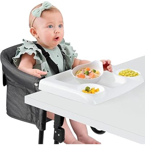 Ezebaby Hook on High Chair, Secure Clip on High Chair for Baby, Compact Fold-Flat for Easy Storage, Fast Table Chair with Baby Seat, Portable High Chair Attaches to Table for Travel, Black, with Tray