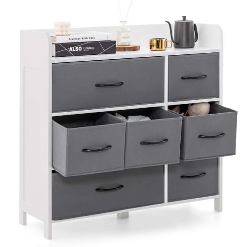 Costway 7-drawer Dresser For Bedroom Chest Of Drawers With 2 Large Fabric Bins White