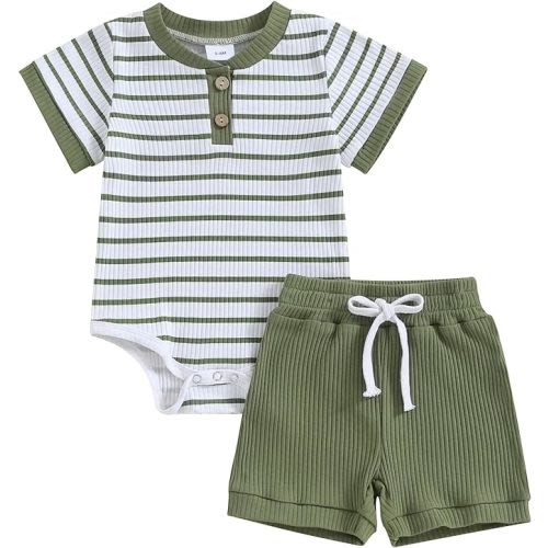 Newborn Baby Boy Girl Clothes 3 6 9 12 18 Months Ribbed Knit Short Sleeve Romper Shorts Set Infant Summer Outfits - 0-3 Months - B- Striped Army Green