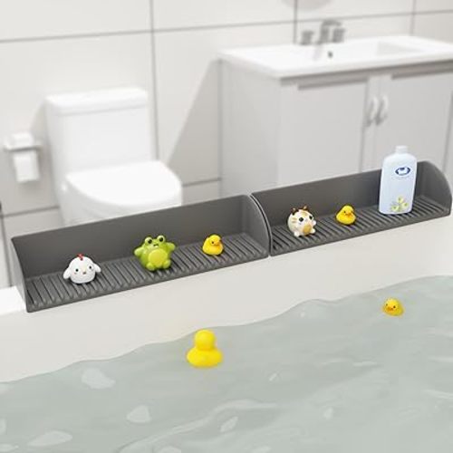 Splash Guard for Bathtub & Sink - Silicone Kids Bath Splash Guard Shelf, Bath Toy Tray Holder, Tub Water Splash Guard with 4 Suction Cups, Bathroom Accessories for Children, Toddler Bath, 2-Pack, Grey