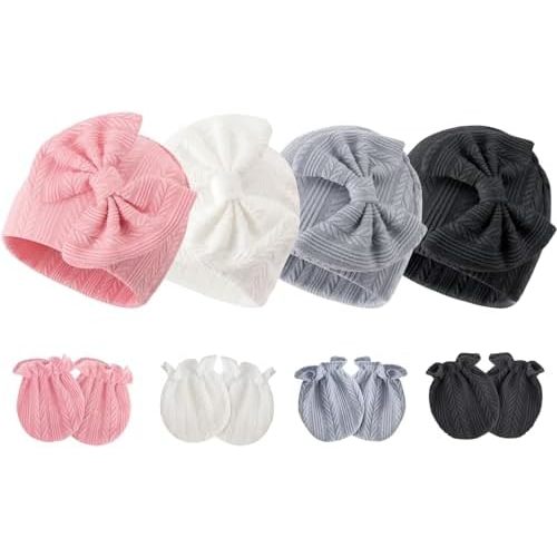 BQUBO Newborn Baby Hats Mittens Set Hospital Hat Beanie Infant Bow Hats Baby Gloves No Scratch Mittens for 0-6 Months