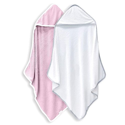 BAMBOO QUEEN 2 Pack Bamboo Baby Bath Towel - Ultra Absorbent - Ultra Soft Hooded Towels for Kids - X Large Size for 0-7 Yrs (White and Pink, 37.5 x 37.5 Inch) - 37.5x37.5 Inch (Pack of 2)